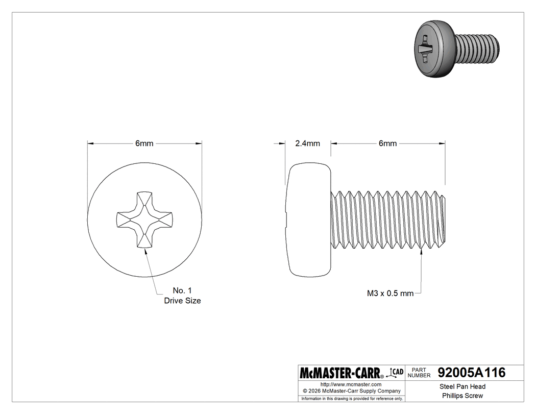 Technical Drawing of Steel Pan Head Phillips Screw, M3 x 0.5 mm Thread, 6 mm Long.